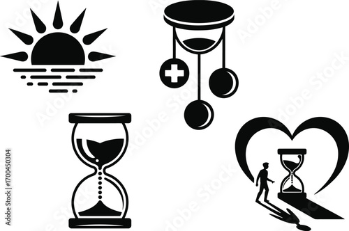 Time, life, healing, and new beginnings represented by symbolic black and white icons