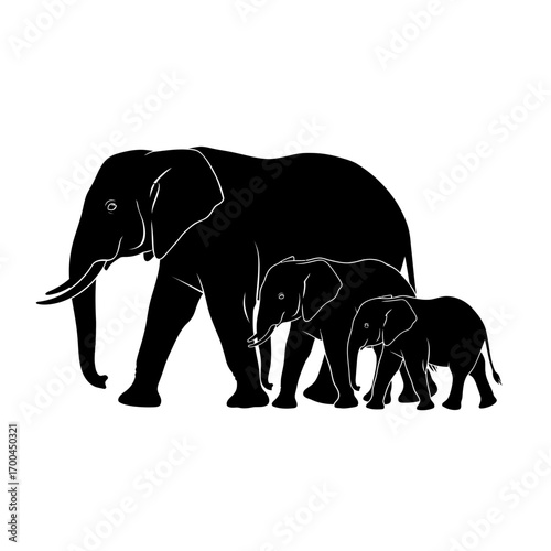 Family of elephants silhouette isolated on white background