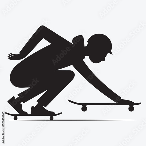 Black silhouette of a person on a skateboard reaching for another skateboard skateboarder white background