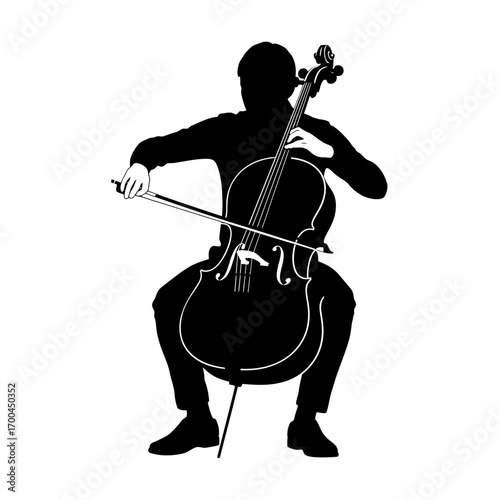 Cellist playing cello silhouette isolated on white background