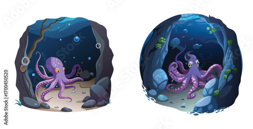 Mystical octopus nestled within a rugged underwater scene vector art design illustration