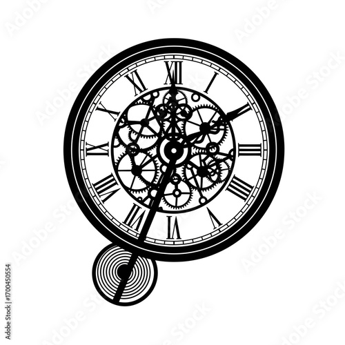 Ornate clock face with visible gears silhouette isolated on white background