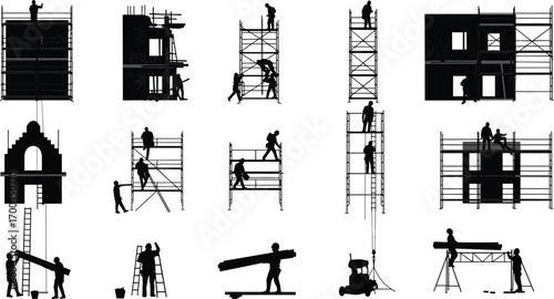 Construction workers on scaffolding silhouette, building under construction, safety equipment, structural framework assembly, teamwork on site, vector illustration design