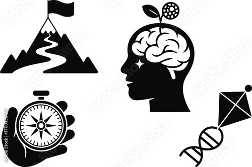 Achieving goals, creative thinking, and future vision represented by mountain, brain, compass, kite