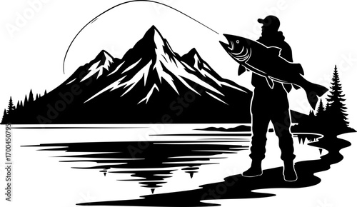 "Fisherman Celebrating Big Catch by Mountain Lake"