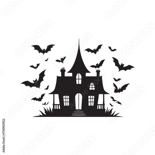 Black silhouette of a spooky haunted house with bats flying around it on a white background halloween