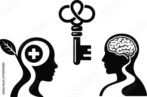 Unlock your mind's potential: Brain, key, and well-being symbols for mental health concepts