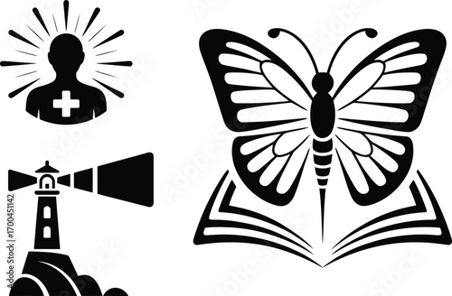 Elegant butterfly with open book and lighthouse, perfect for wellness, healthcare, and inspirational designs