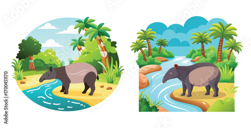 Tapir near jungle stream a stocky herbivore vector art design illustration