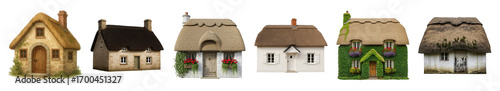 Cottage set including thatched roofs, stone walls, ivy, and white walls isolated. Countryside architecture collection.