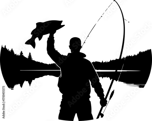"Fisherman Celebrating Big Catch by Mountain Lake"