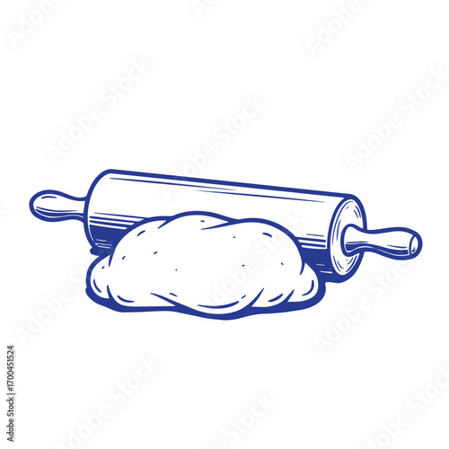 Rolling pin and dough in minimalist blue outline on white background illustration