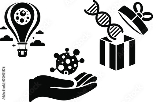 Science, genetics, and healthcare symbolism with a hot air balloon and gift box concept