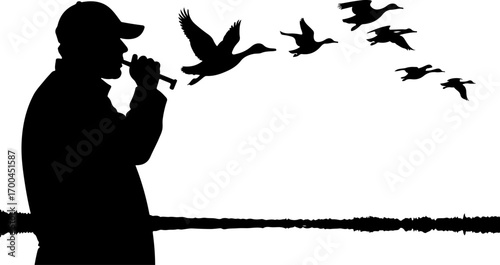 "Silhouette of Hunter Aiming Shotgun at Flying Birds"
