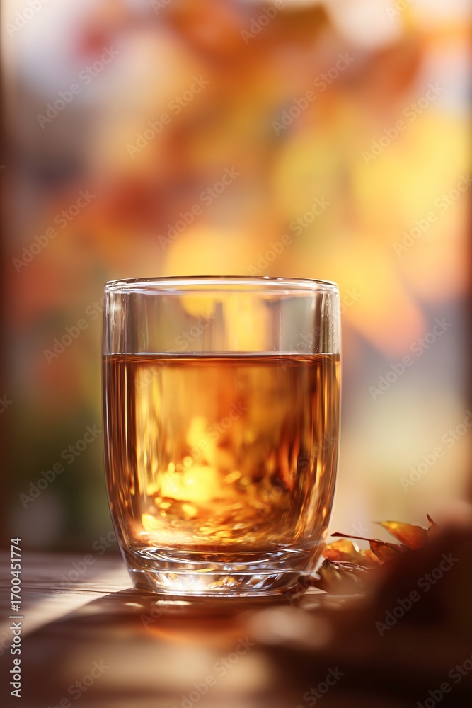 Fototapeta premium a glass of apple cider, in sharp focus, with the background a warm, out-of-focus blur of an autumn day