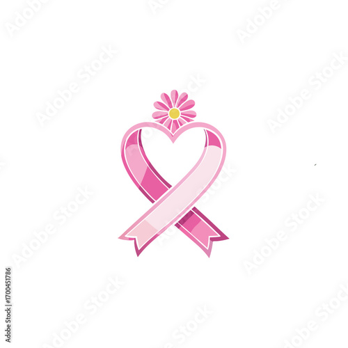 Pink ribbon heart with flowers and stars for breast cancer awareness