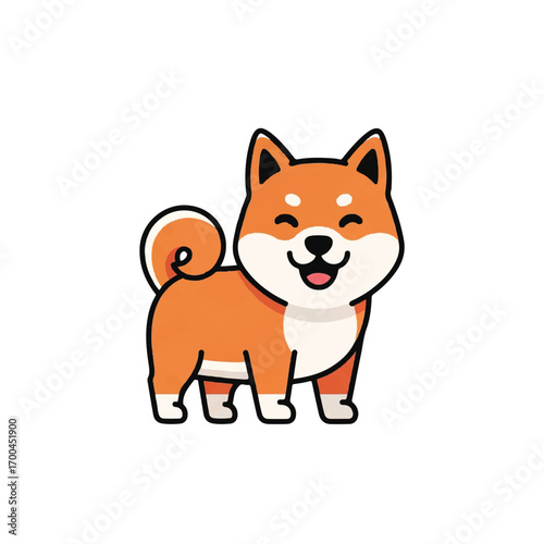 A cheerful cartoon Shiba Inu dog with a winking expression and curled tail stands against a clean white background in a cute, 3d style illustration.