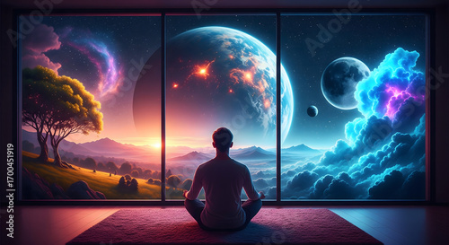 A person meditates before a panoramic window showcasing a surreal blend of a sunset landscape cosmic sky planets moons