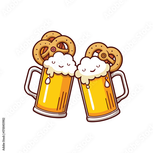 Two cute beer mugs and pretzels toasting with happy faces