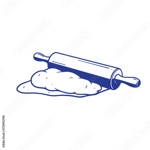 Rolling pin resting on dough illustrated in bold blue and white for baking concept