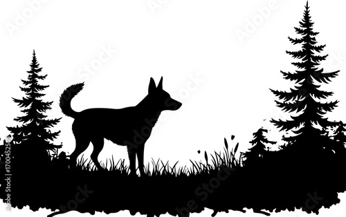 "Silhouette of Dog in Forest Clearing"