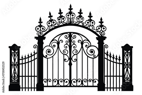 Intricate Silhouette of Decorative Wrought Iron Gate with Arched Top and Swirls