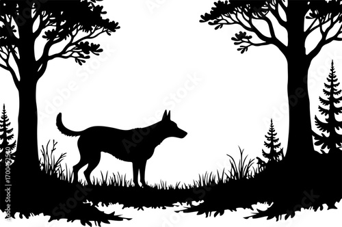 "Silhouette of Dog in Forest Clearing"