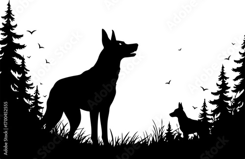 "Silhouette of Dog in Forest Clearing"