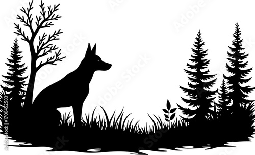 "Silhouette of Dog in Forest Clearing"