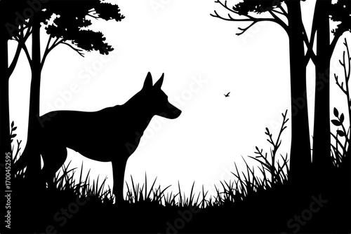 "Silhouette of Dog in Forest Clearing"