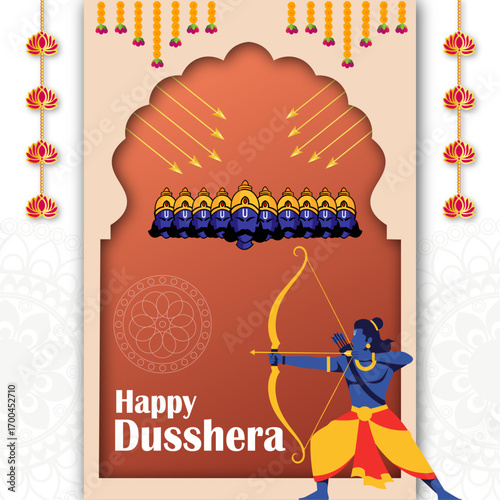 Happy Dussehra banner. Bow and arrow with flower wreath. Hindu Navratri festival, Vijayadashami holiday. Vector illustration.