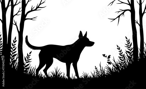 "Silhouette of Dog in Forest Clearing"