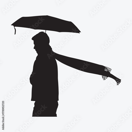 Silhouette of a person holding an umbrella and wearing a scarf woman