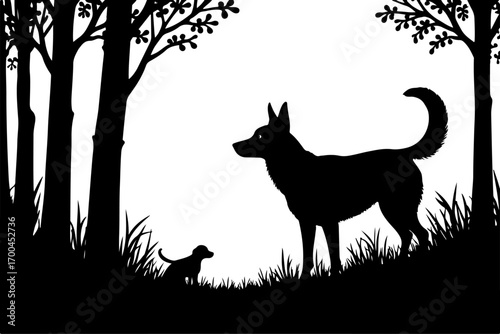 "Silhouette of Dog in Forest Clearing"