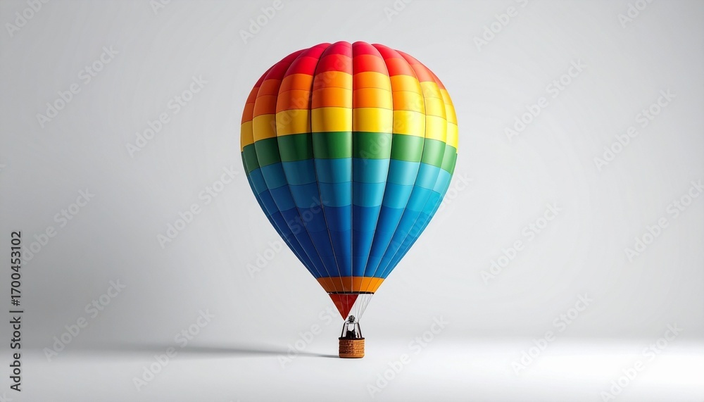 Fototapeta premium Rainbow-striped hot air balloon against light gray backdrop