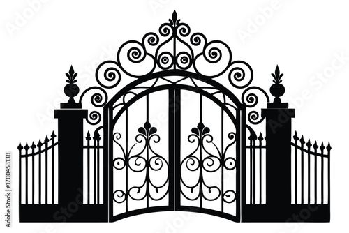 Elegant Black Silhouette of Ornate Wrought Iron Gates and Fence Design Art