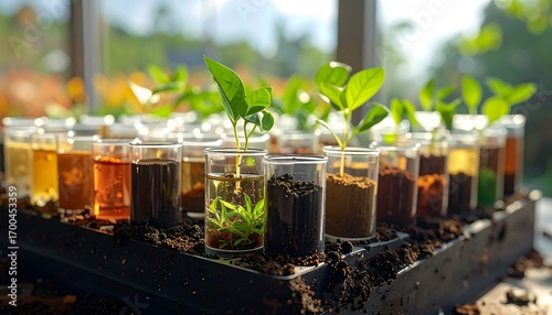 Small plants sprout in various soil types, displayed in clear glass containers, illuminating the scientific study of soil composition and plant growth.
