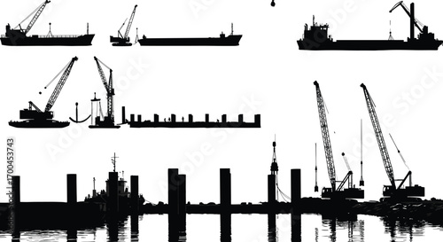 Harbor construction silhouettes, dredging ships, marine cranes, dock building, sea engineering, heavy machinery working on waterfront infrastructure and coastal development