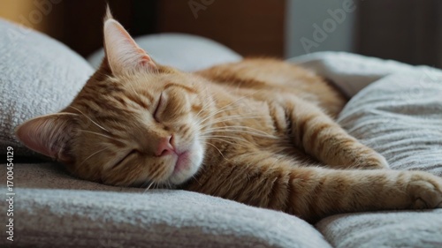 Serene Slumber: Close-up of a Ginger Tabby Cat Resting Peacefully on a Soft Couch