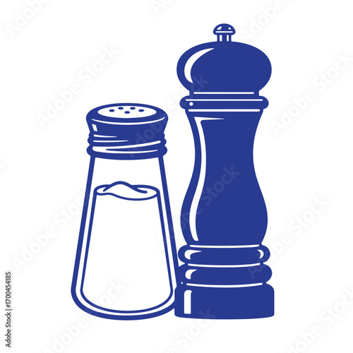 Simple blue and white vector illustration of a salt shaker and pepper grinder