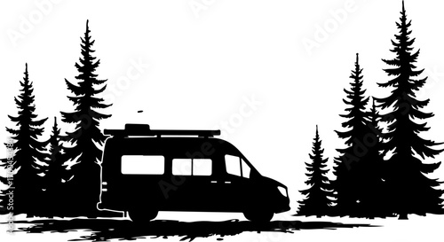 "Silhouette of Camper Van in Pine Forest"