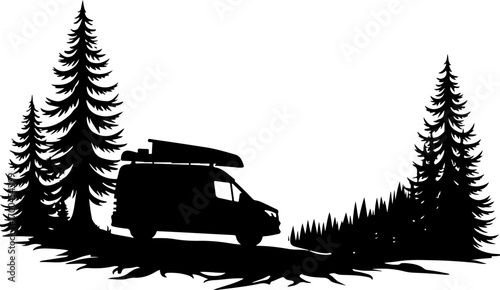 "Silhouette of Camper Van in Pine Forest"