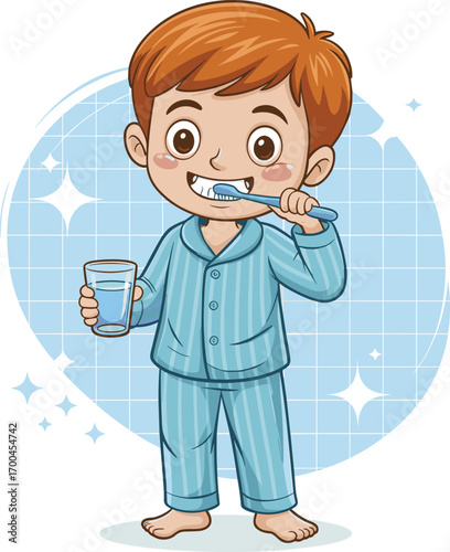 Cute cartoon boy brushing teeth, child wearing pajamas holding glass of water, healthy morning routine, dental hygiene illustration, smiling kid
