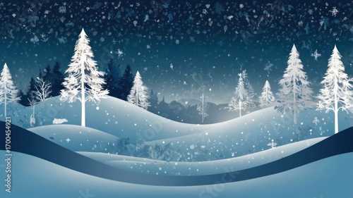 Serene Winter Night Illustration with Stylized White Pines and a Sky of Intricate Snowflakes