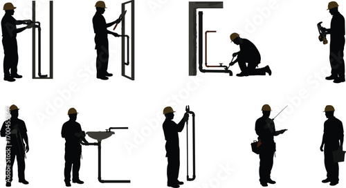 Plumber working on wall pipes, installing and repairing plumbing systems, silhouette workers with tools, construction and maintenance concept, vector illustration