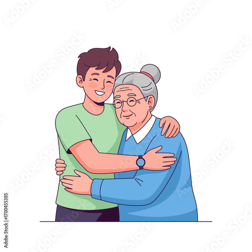 A heartwarming illustration of a grandson tenderly hugging his beloved grandmother, expressing love, care, and strong family bonds