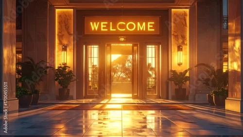 Woman Enters Luxurious Hotel with Welcome Sign at Sunset