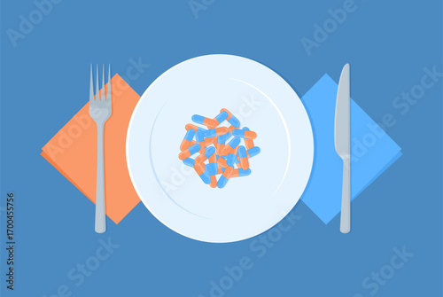 A pile of capsules on a plate with cutlery and napkins on the sides, top view. Flat vector illustration