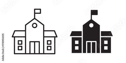 School building icon. pictogram of college or university. Education illustration, sign for schoolhouse exterior. Vector illustration with stroke and fill on a white background.