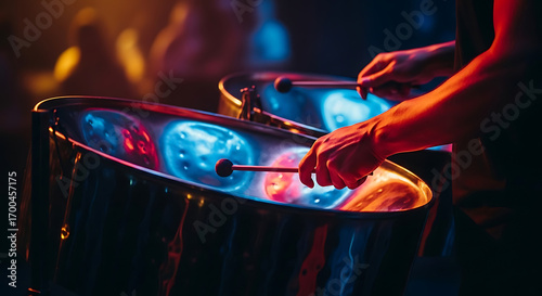 Vibrant close-up of a musician playing a Caribbean steelpan drum at a live concert with colorful stage lights reflecting on the instrument